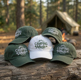 Custom Camping Mode Hat, Embroidered Mountain Dad Hat, Personalized Nature Lover Gift, Vintage Washed Hiking Baseball Cap, Camp Trip