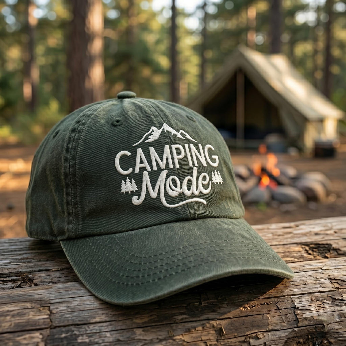 Custom Camping Mode Hat, Embroidered Mountain Dad Hat, Personalized Nature Lover Gift, Vintage Washed Hiking Baseball Cap, Camp Trip