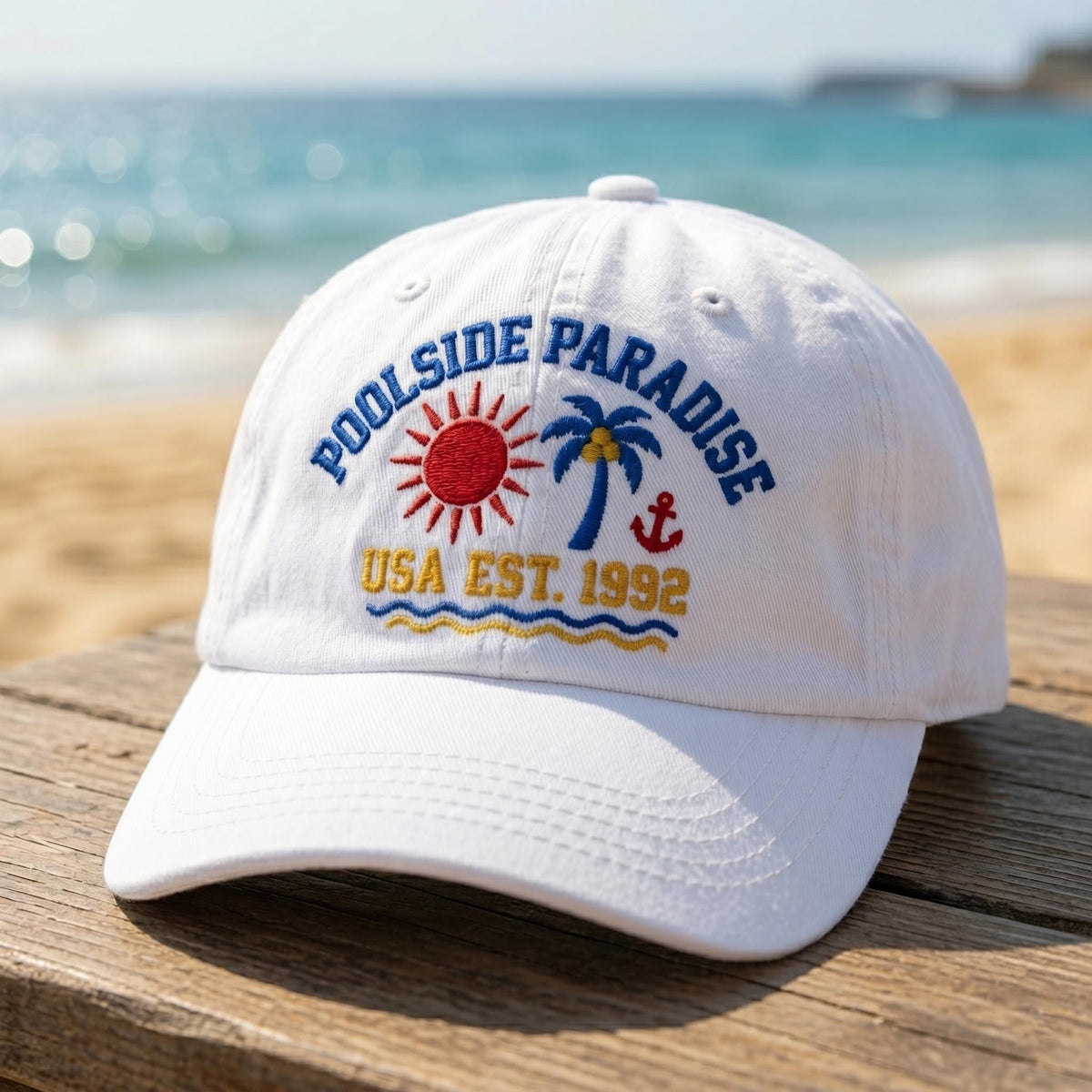 Custom Beach Hat, Custom Beach Vacation Cap, Embroidered Palm Tree Sunglasses Hat, Personalized Summer Pool Party Gift
