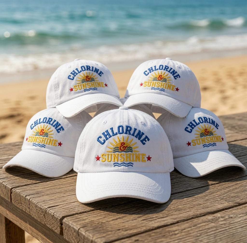 Chlorine Sunshine Baseball Cap, Custom Embroidered Pool Day Hat, Personalized Gift for Swimmer, Retro White Summer Sun Hat, Beach Caps