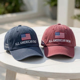 Custom All American Mom & Dad Embroidered Hat - Personalized 4th of July Flag Cotton Dad Cap