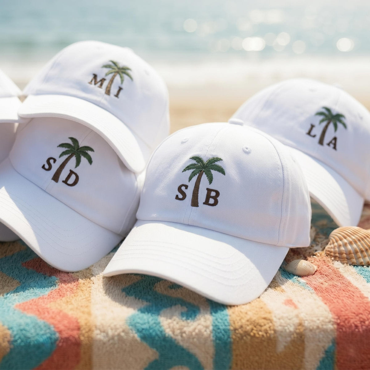 Custom Monogram Hat Personalized Palm Tree Cap Beach Trip Vacation Gift Embroidered White Initial Dad Hat Summer Bachelorette Party Matching