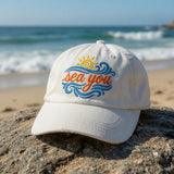 Custom Sea You Hat Funny Beach Pun Cap Personalized Summer Gift Embroidered White Cotton Wave Sun Matching Girls Trip Group Vintage Dad Hat