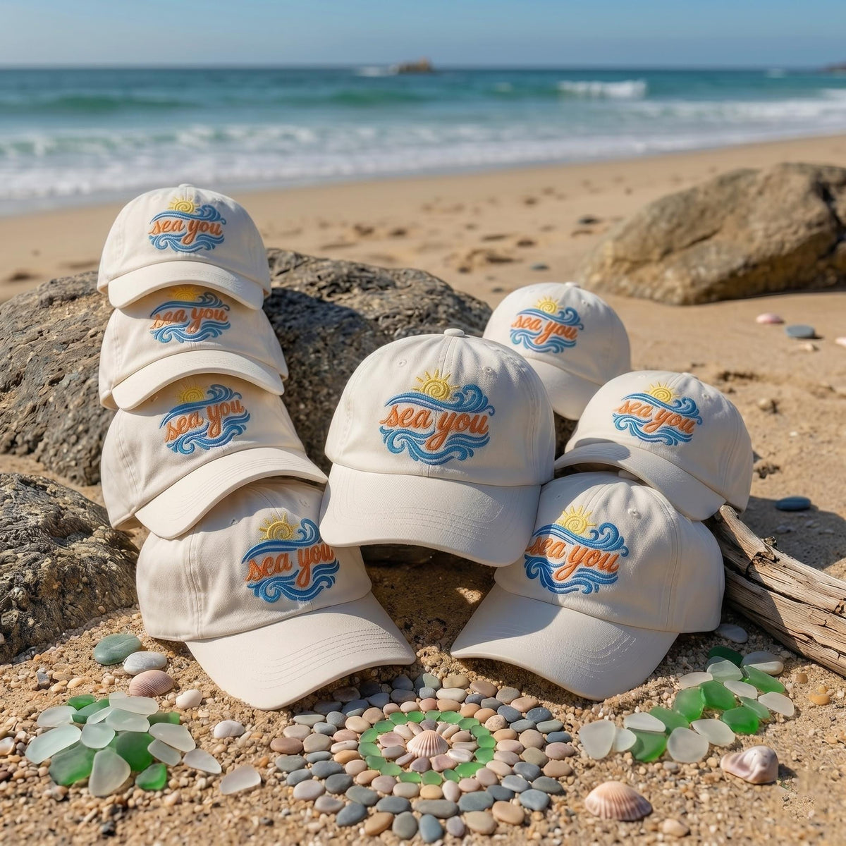 Custom Sea You Hat Funny Beach Pun Cap Personalized Summer Gift Embroidered White Cotton Wave Sun Matching Girls Trip Group Vintage Dad Hat