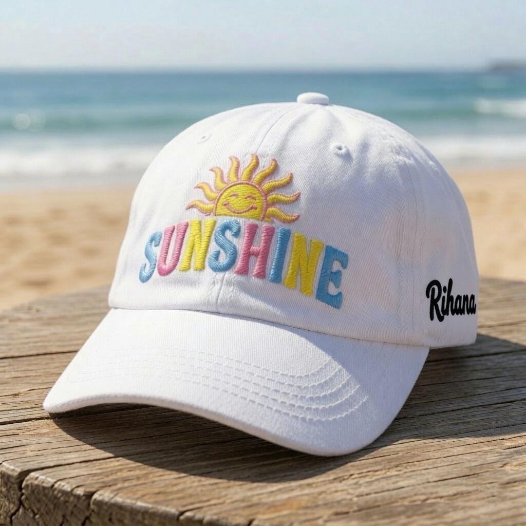 Custom Name Beach Hat, Personalized Sunshine Dad Cap, Embroidered White Cotton Sun Hat, Matching Girls Trip Gift, Summer Vacation Favor