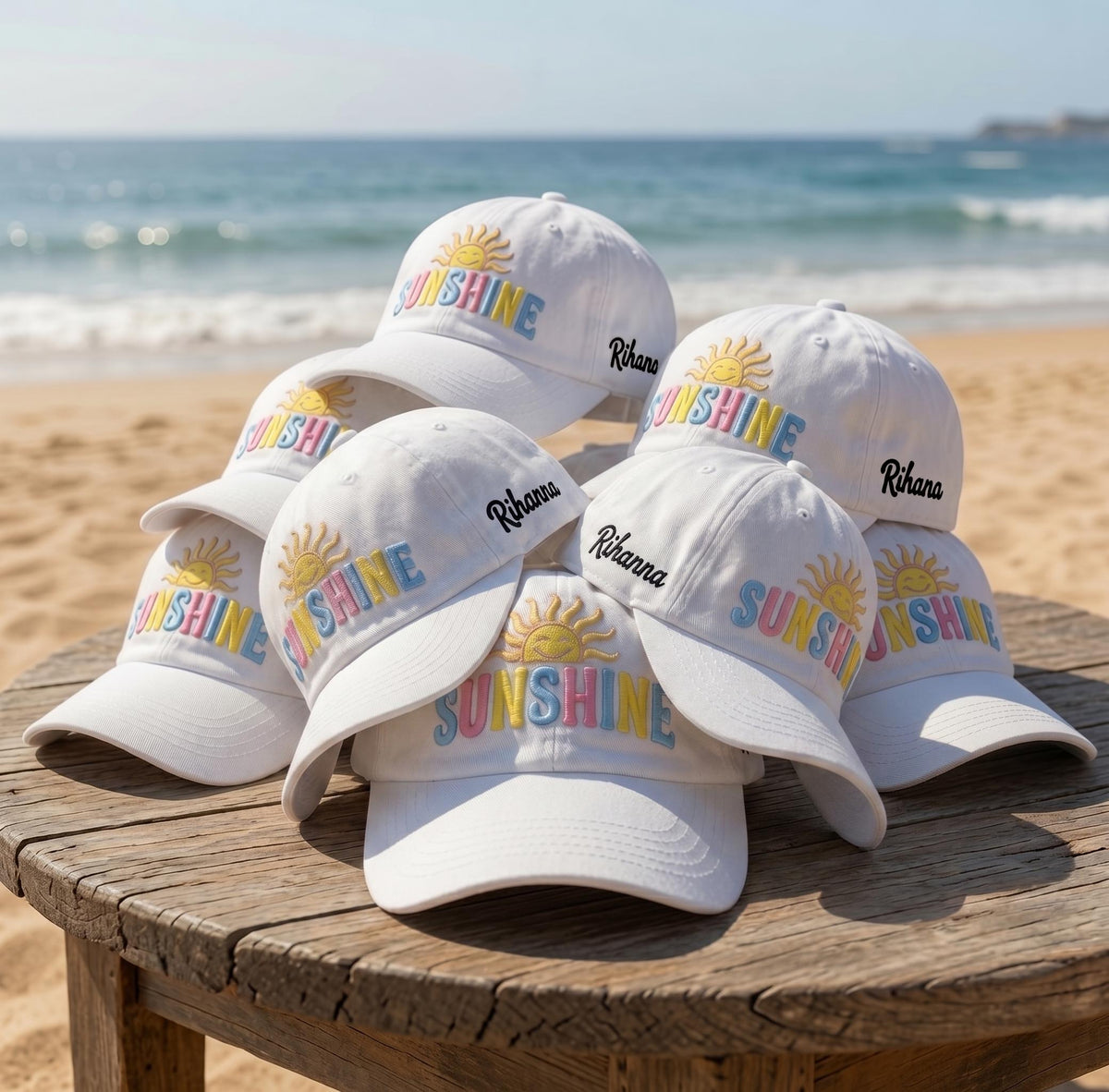 Custom Name Beach Hat, Personalized Sunshine Dad Cap, Embroidered White Cotton Sun Hat, Matching Girls Trip Gift, Summer Vacation Favor