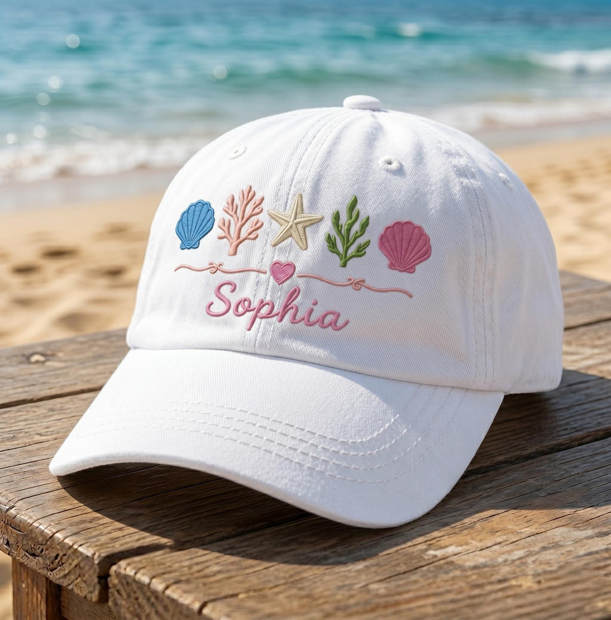 Custom Name Beach Hat, Personalized Seashell Dad Cap, Embroidered Starfish Sun Hat, Matching Girls Trip Gift, Bachelorette Party Favor