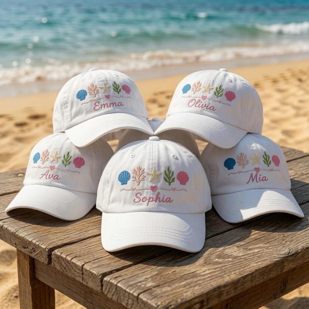 Custom Name Beach Hat, Personalized Seashell Dad Cap, Embroidered Starfish Sun Hat, Matching Girls Trip Gift, Bachelorette Party Favor