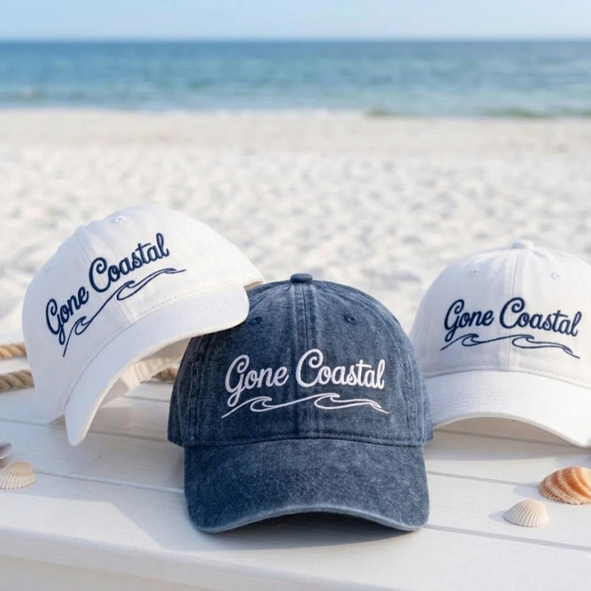 Coastal Ocean Wave Embroidered Hat, Vintage Beach Vacation Baseball Cap, Matching Group Gift