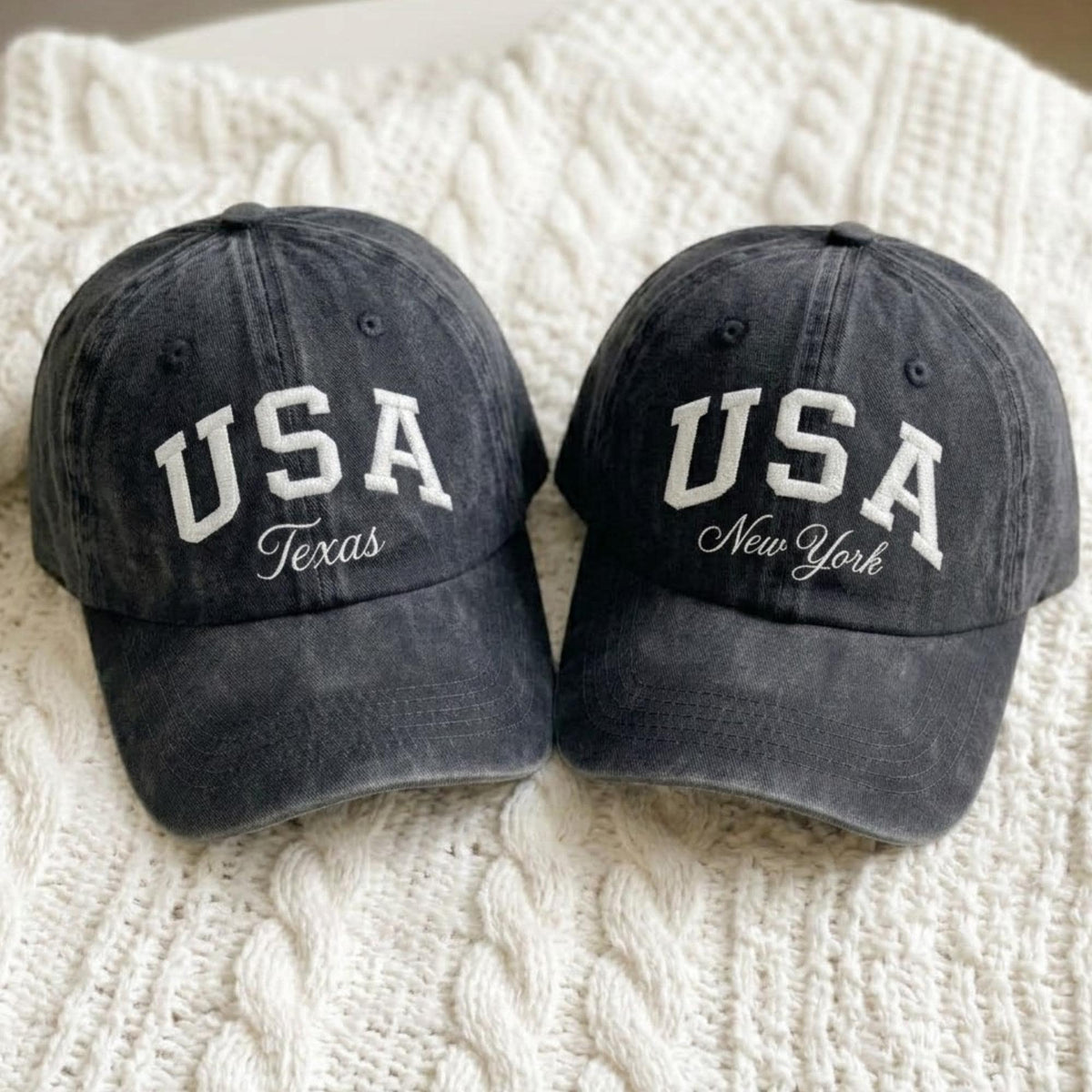 Custom USA City Name Embroidered Hat, Personalized American Flag Washed Cotton Baseball Cap