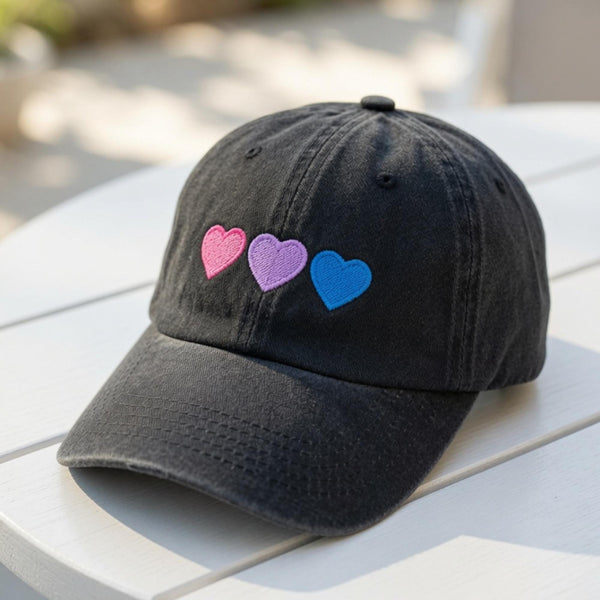 Bisexual Pride Hearts Embroidered Baseball Cap - Bi Flag Colors LGBTQ Ally Cotton Dad Hat