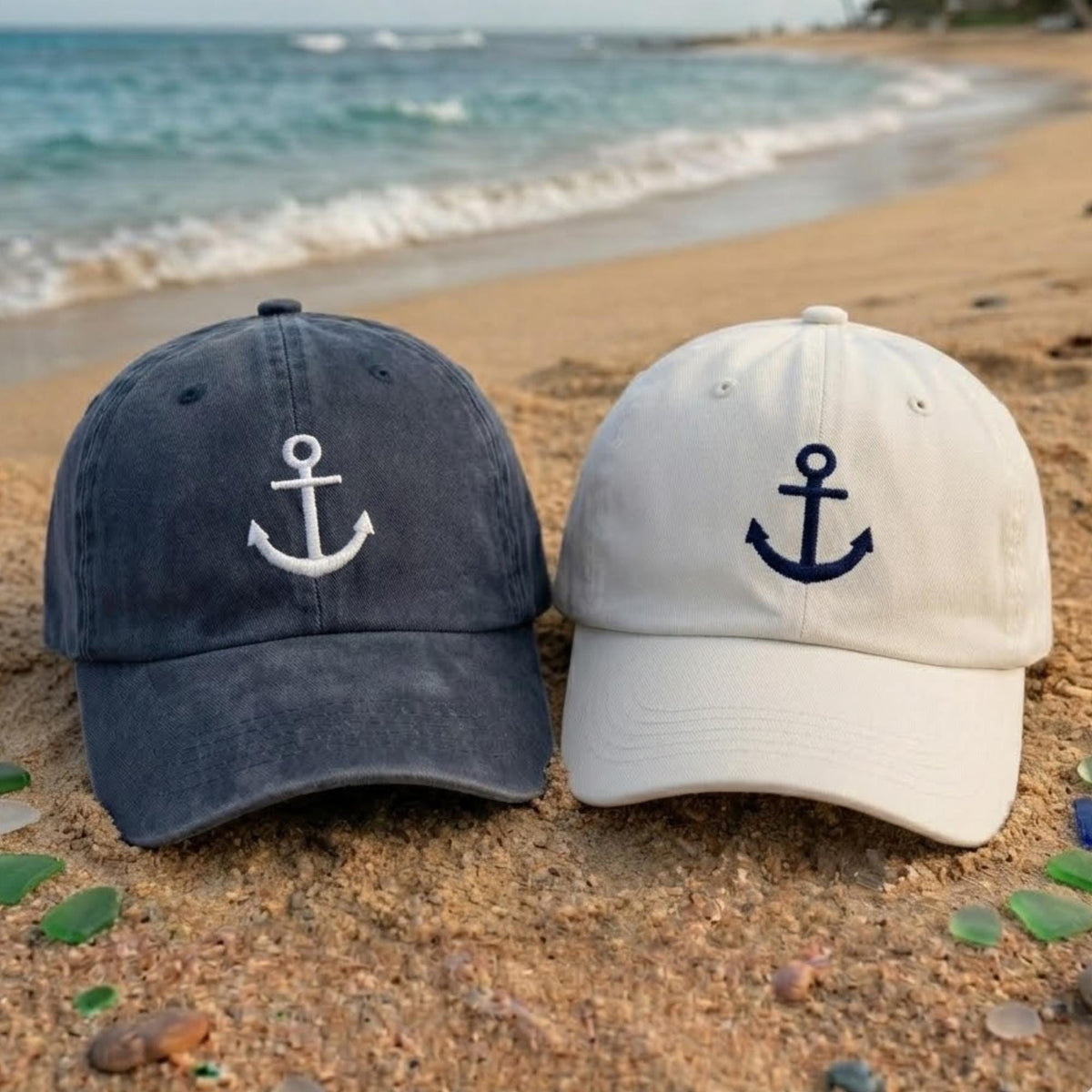 Custom Anchor Embroidered Hat, Nautical Washed Cotton Baseball Cap, Beach Vacation Gift