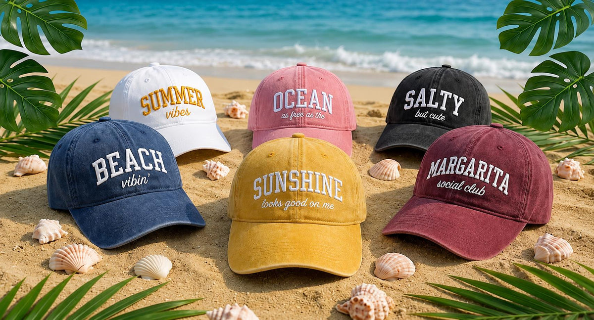 Personalized Beach Icon Embroidered Hat, Custom Coastal Summer Baseball Cap