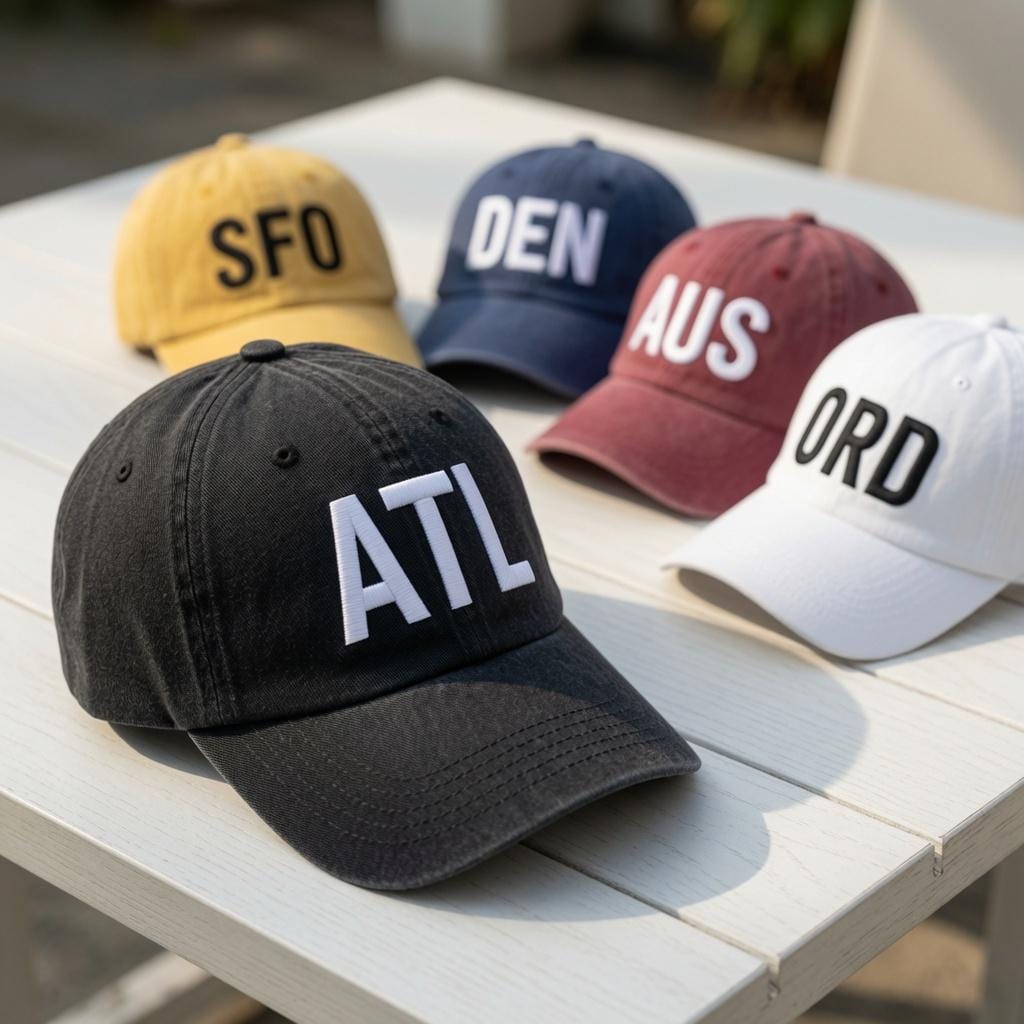 Custom Airport Code 3D Embroidered Hat, Personalized 3D Font Baseball Cap, Travel Gift for Pilot Flight Attendant, Vintage Washed Dad Hat