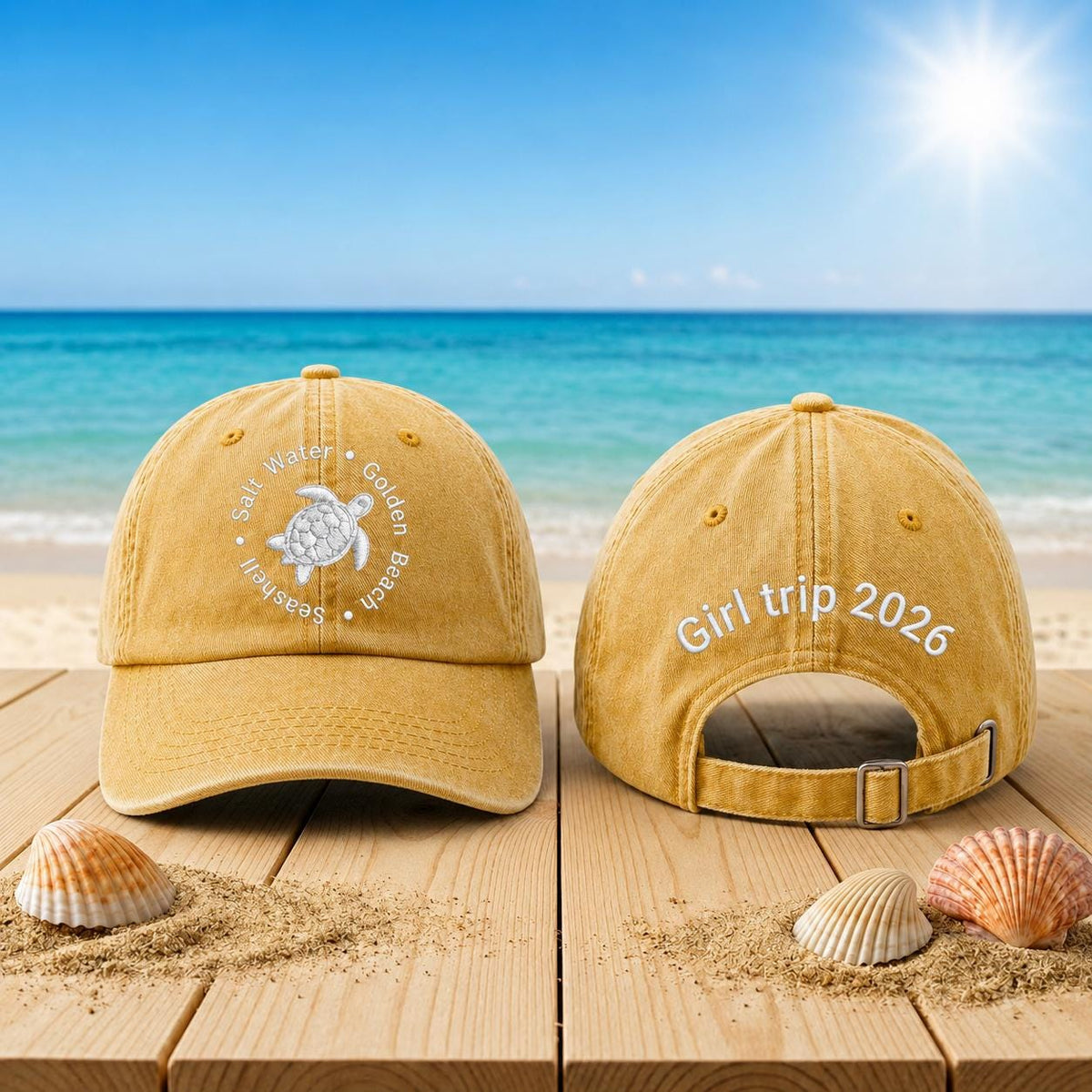 Custom Sea Turtle Embroidered Hat, Personalized Beach Trip Baseball Cap