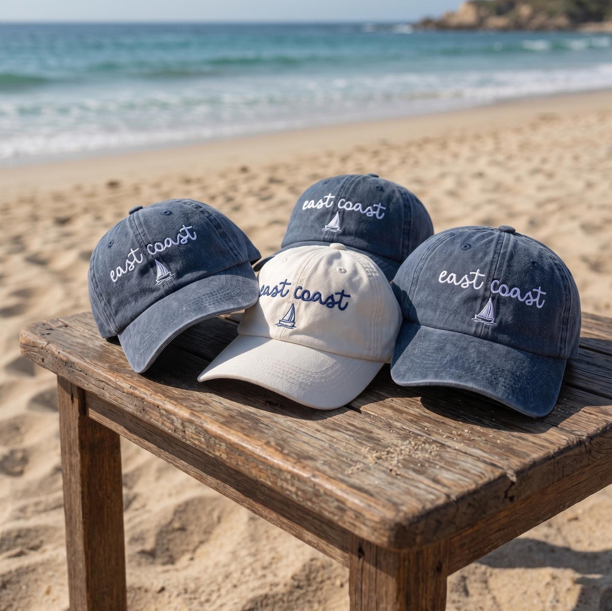 Custom East Coast Hat, Embroidered Sailboat Dad Cap, Personalized Sailing Gift, Coastal Aesthetic Washed Cotton Vacation Sun Hat
