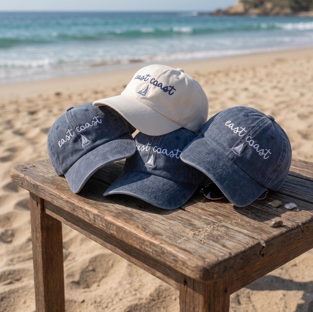 Custom East Coast Hat, Embroidered Sailboat Dad Cap, Personalized Sailing Gift, Coastal Aesthetic Washed Cotton Vacation Sun Hat