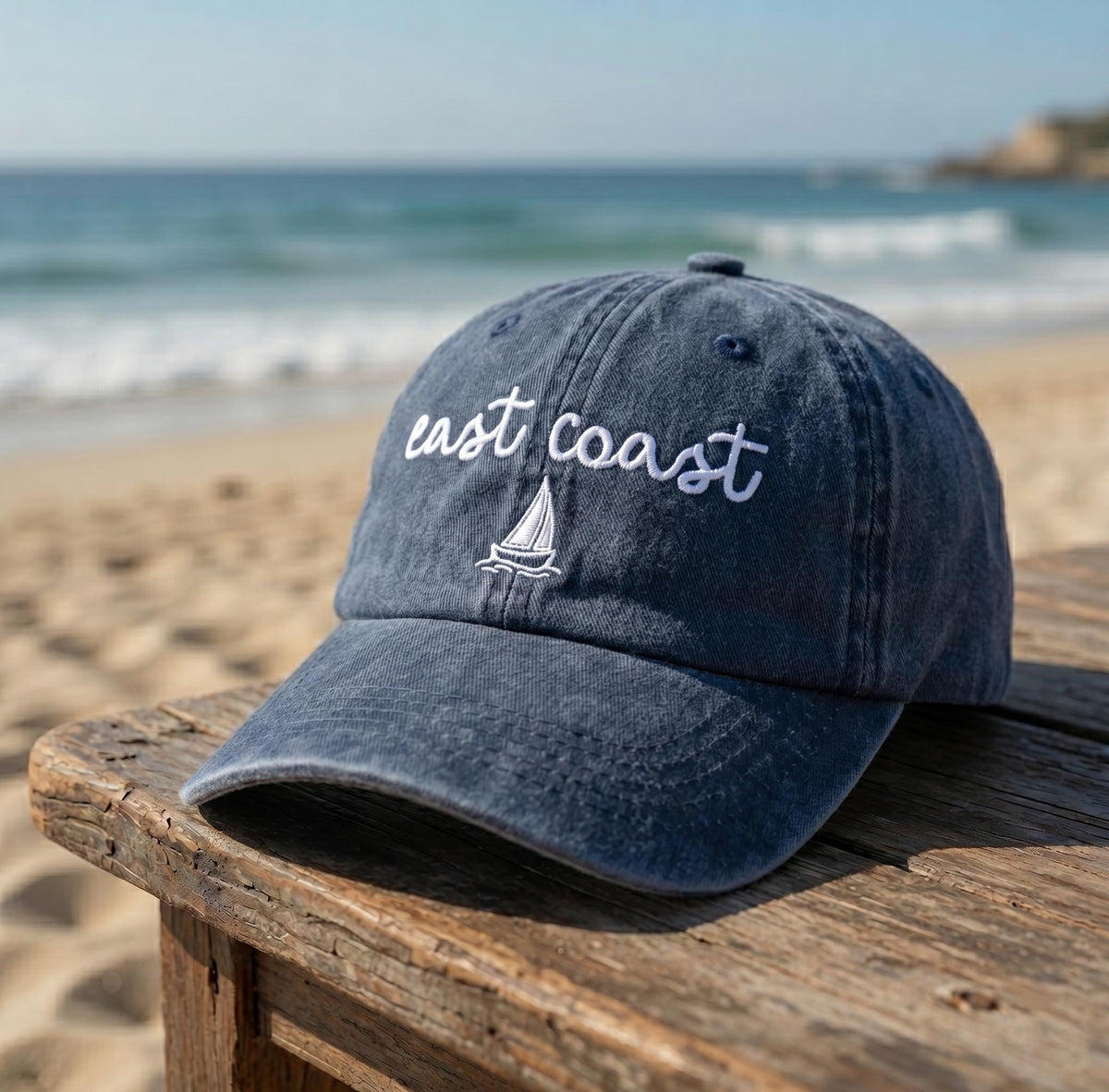 Custom East Coast Hat, Embroidered Sailboat Dad Cap, Personalized Sailing Gift, Coastal Aesthetic Washed Cotton Vacation Sun Hat
