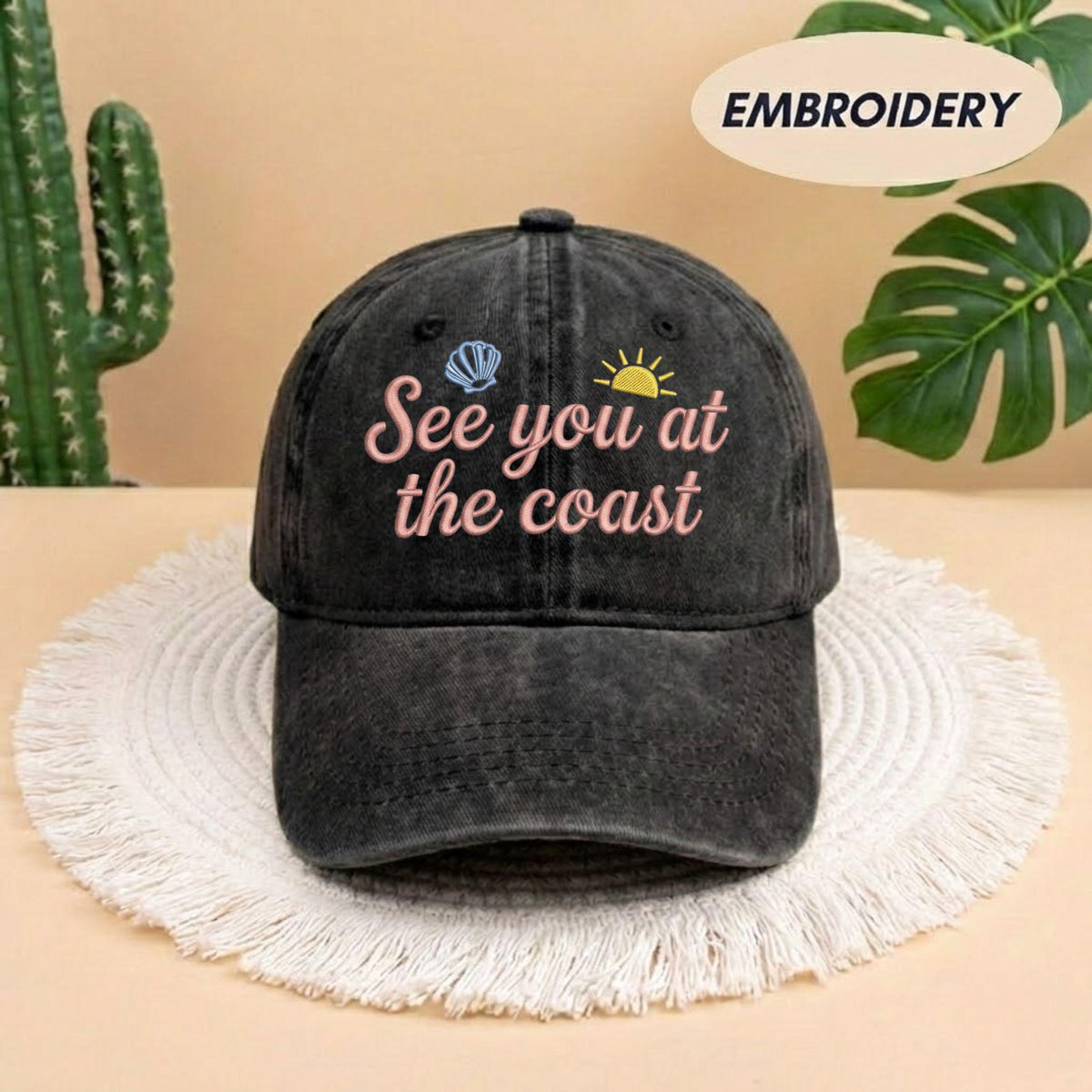 Custom Coastal Text Embroidered Hat, Personalized Beach Baseball Cap, Summer Gift