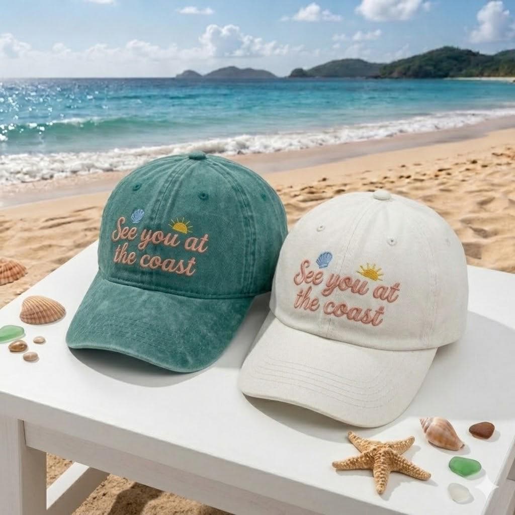 Custom Coastal Text Embroidered Hat, Personalized Beach Baseball Cap, Summer Gift