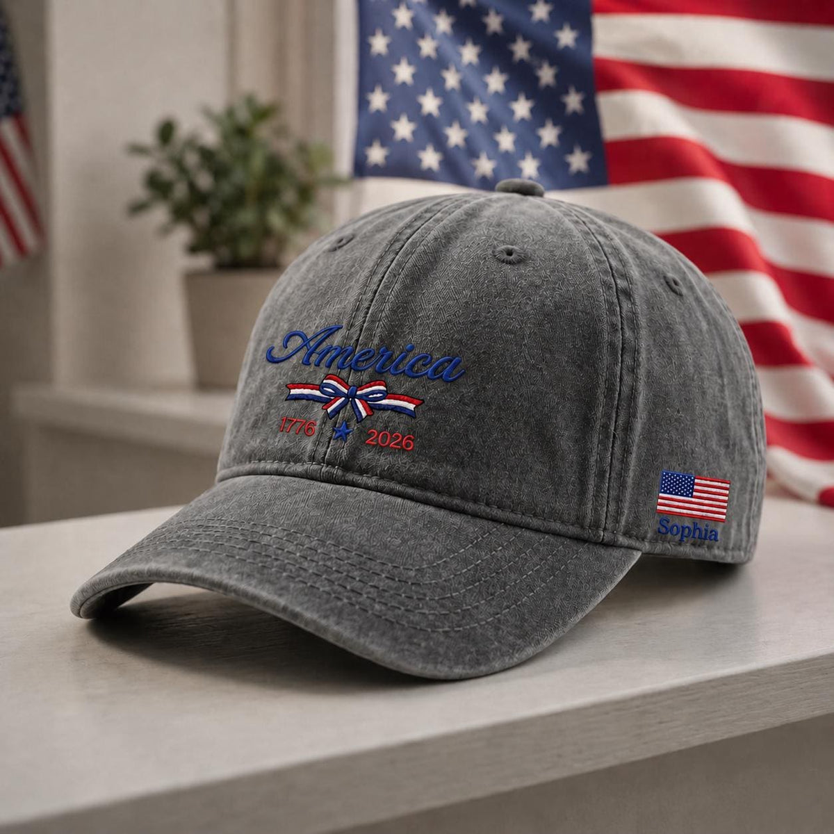 Patriotic Bow Embroidered Hat, Red White and Blue American Baseball Cap