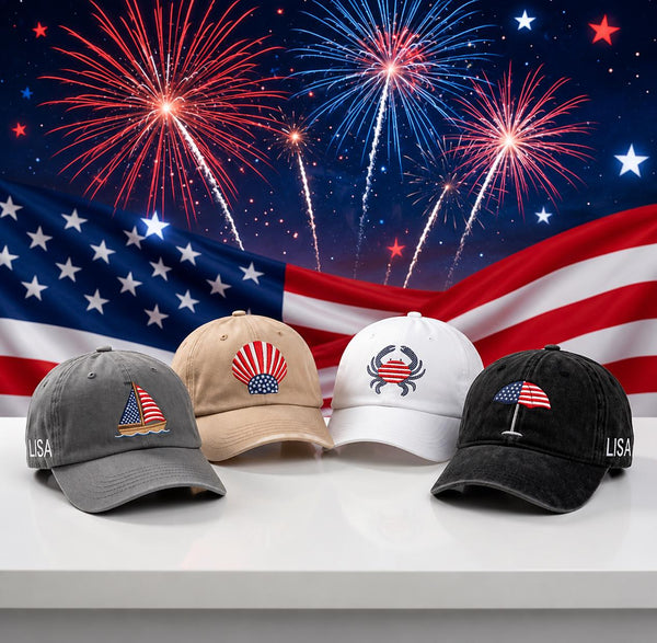 Coastal American Flag Embroidered Hat, Nautical Crab and Sailboat Baseball Cap