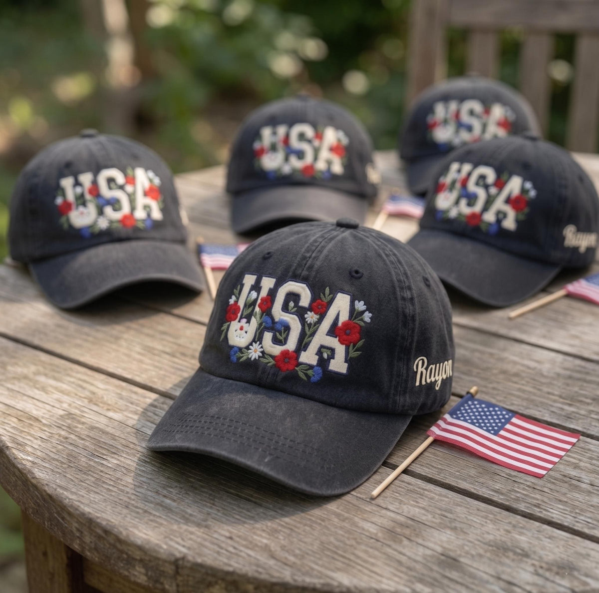 Custom Name USA Hat, Floral Patriotic Cap, Embroidered 4th of July United States Baseball Hat, Vintage Custom Text Group Dad Cap