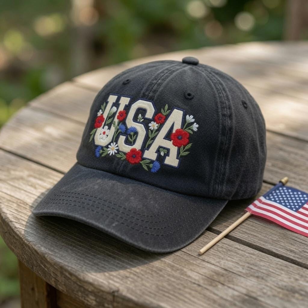 Custom Name USA Hat, Floral Patriotic Cap, Embroidered 4th of July United States Baseball Hat, Vintage Custom Text Group Dad Cap