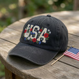 Custom Name USA Hat, Floral Patriotic Cap, Embroidered 4th of July United States Baseball Hat, Vintage Custom Text Group Dad Cap