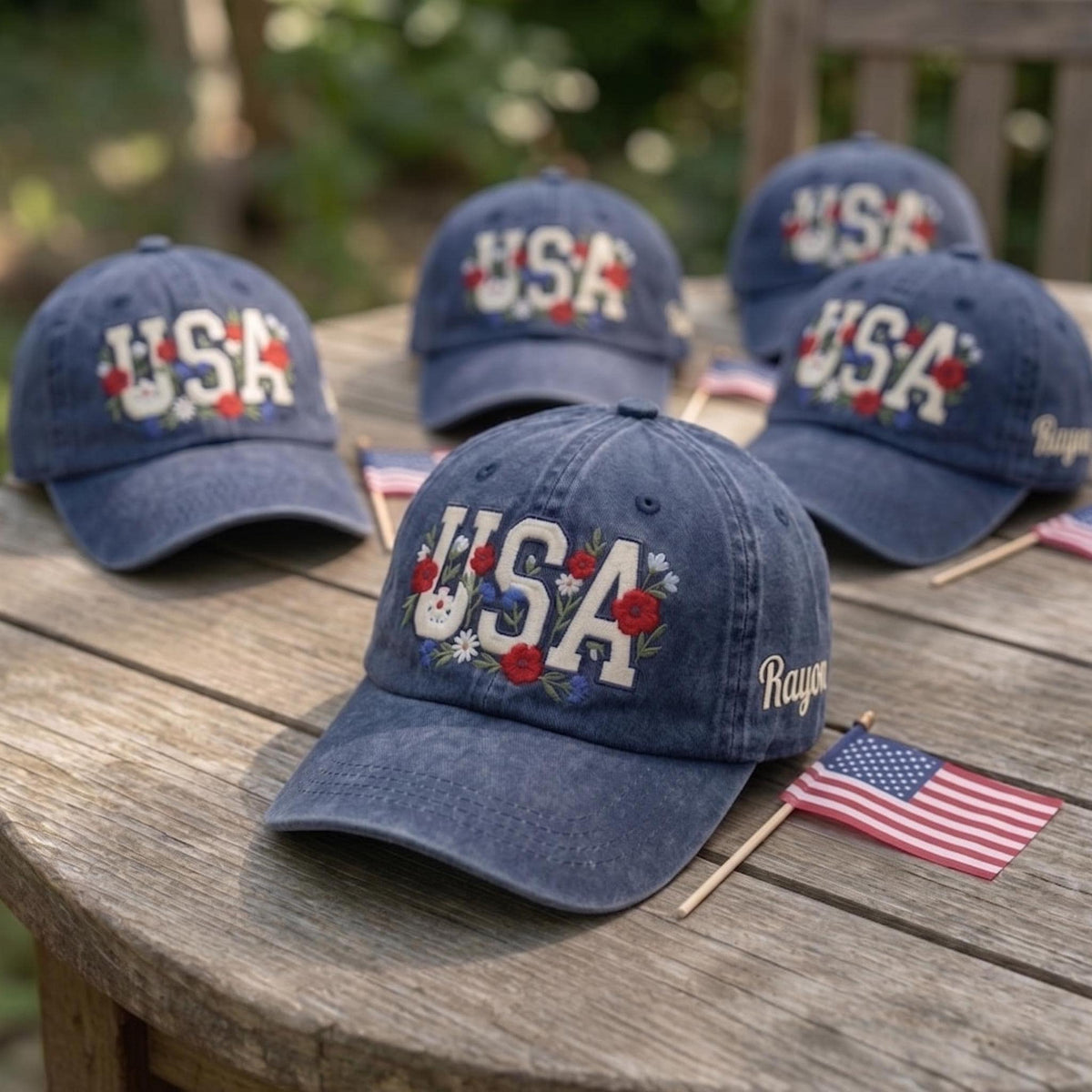 Custom Name USA Hat, Floral Patriotic Cap, Embroidered 4th of July United States Baseball Hat, Vintage Custom Text Group Dad Cap