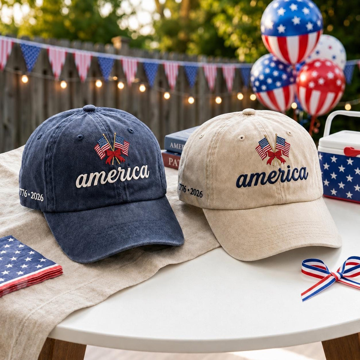 1776-2026 American Anniversary Embroidered Hat, Vintage Washed Patriotic Baseball Cap