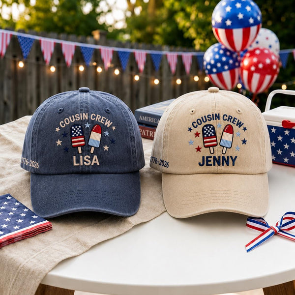 Personalized Cousin Crew Embroidered Hat, Family Matching Patriotic Baseball Cap