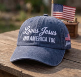 Custom Name Jesus America Hat, Loves Jesus And America Too Cap, Personalized Christian Patriotic Gift, 4th of July Washed Denim Hat