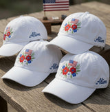Custom Floral US Flag Embroidered Baseball Cap - Personalized 4th of July Gift For Her Cotton Dad Hat