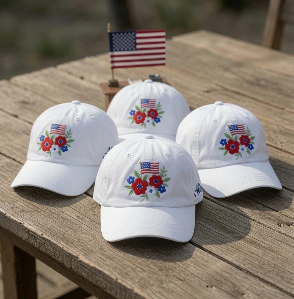 Custom Floral US Flag Embroidered Baseball Cap - Personalized 4th of July Gift For Her Cotton Dad Hat
