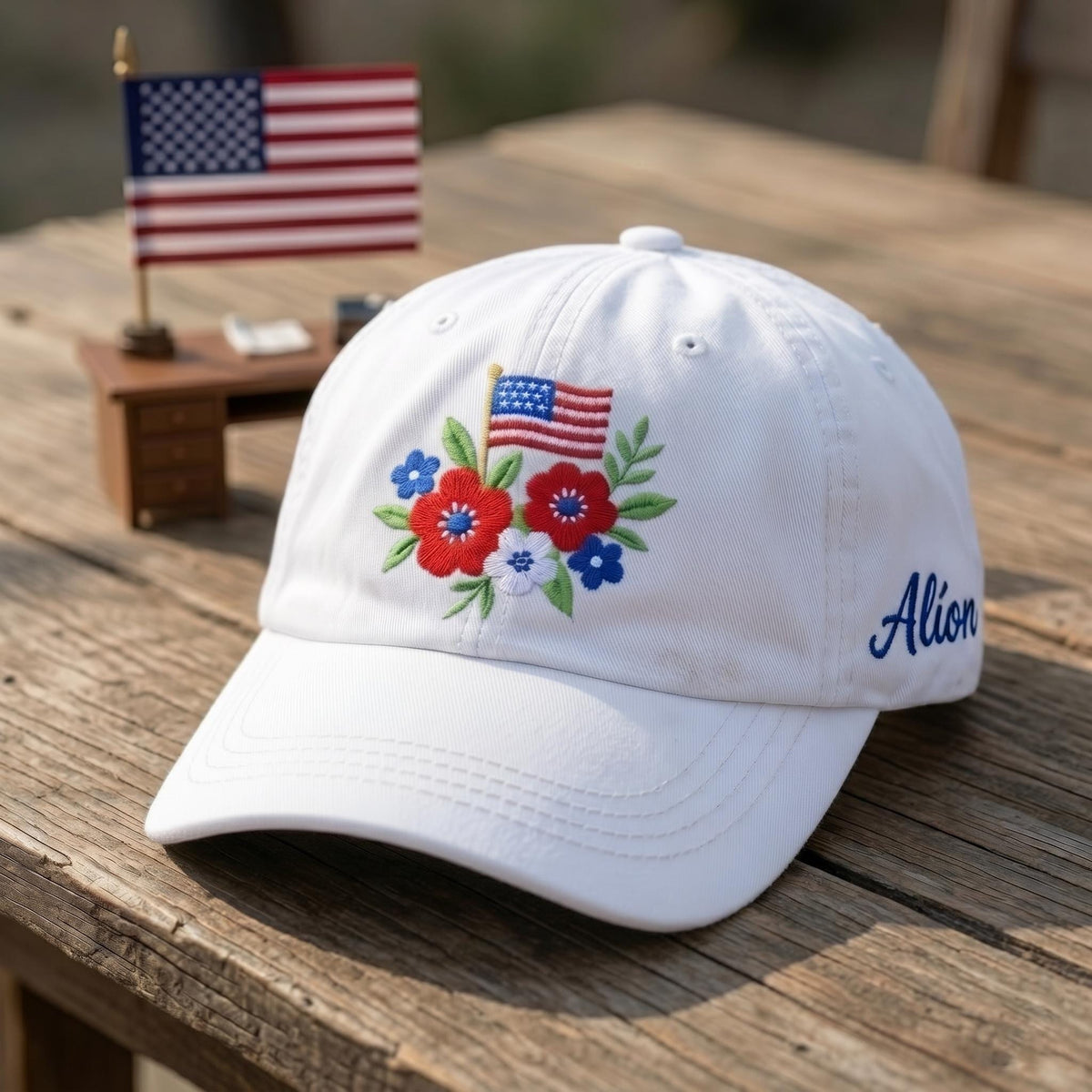Custom Floral US Flag Embroidered Baseball Cap - Personalized 4th of July Gift For Her Cotton Dad Hat