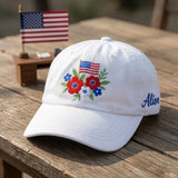 Custom Floral US Flag Embroidered Baseball Cap - Personalized 4th of July Gift For Her Cotton Dad Hat