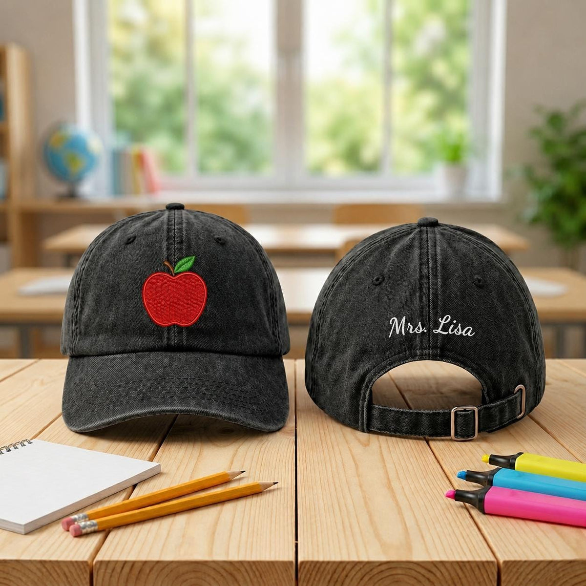 Custom Name Apple Embroidered Hat, Personalized Teacher Baseball Cap