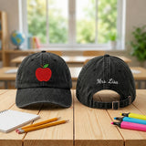 Custom Name Apple Embroidered Hat, Personalized Teacher Baseball Cap
