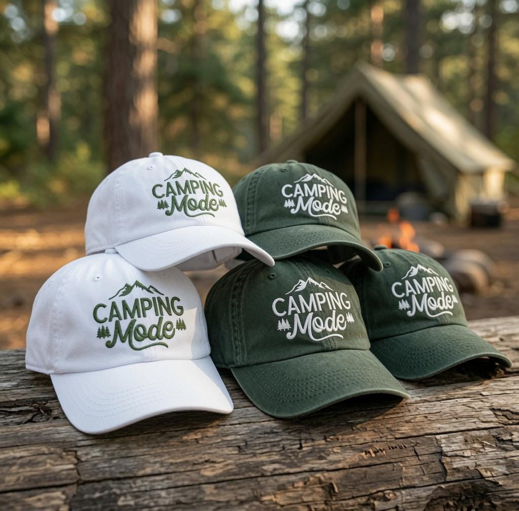 Custom Camping Mode Hat, Embroidered Mountain Dad Hat, Personalized Nature Lover Gift, Vintage Washed Hiking Baseball Cap, Camp Trip