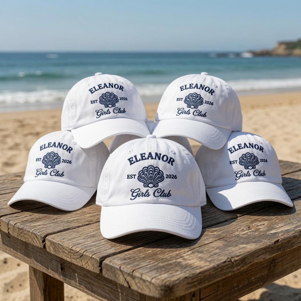 Custom Girls Trip Hat, Embroidered Seashell Dad Cap, Personalized Bachelorette Party Gift, Vintage Washed Denim Beach Baseball Hat, Club