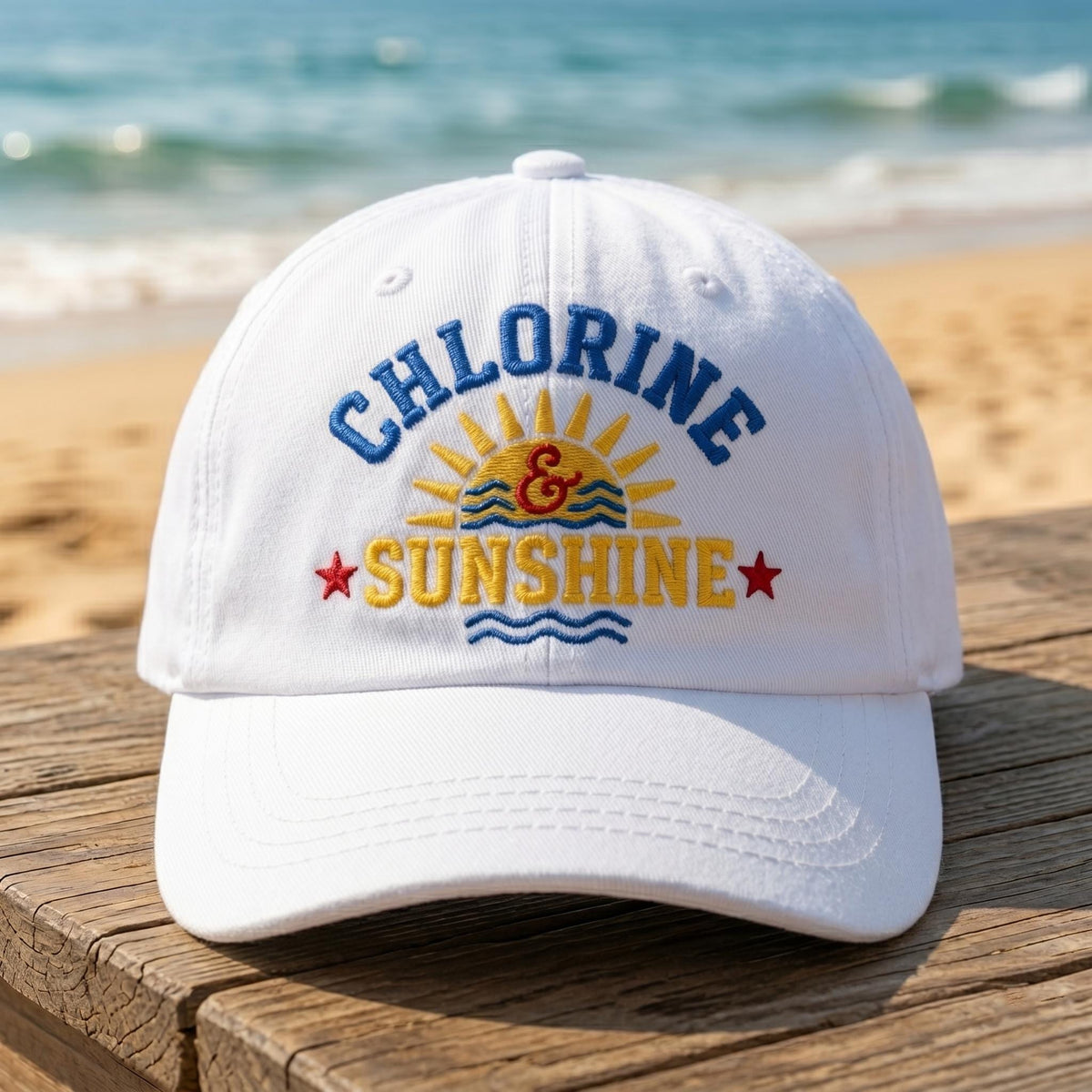Chlorine Sunshine Baseball Cap, Custom Embroidered Pool Day Hat, Personalized Gift for Swimmer, Retro White Summer Sun Hat, Beach Caps