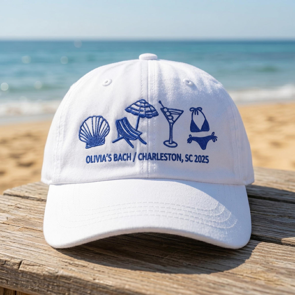 Custom Bachelorette Party Hat, Embroidered Beach Girls Trip Cap, Personalized Charleston Bach Gift, White Bride Tribe Baseball Hat, Club