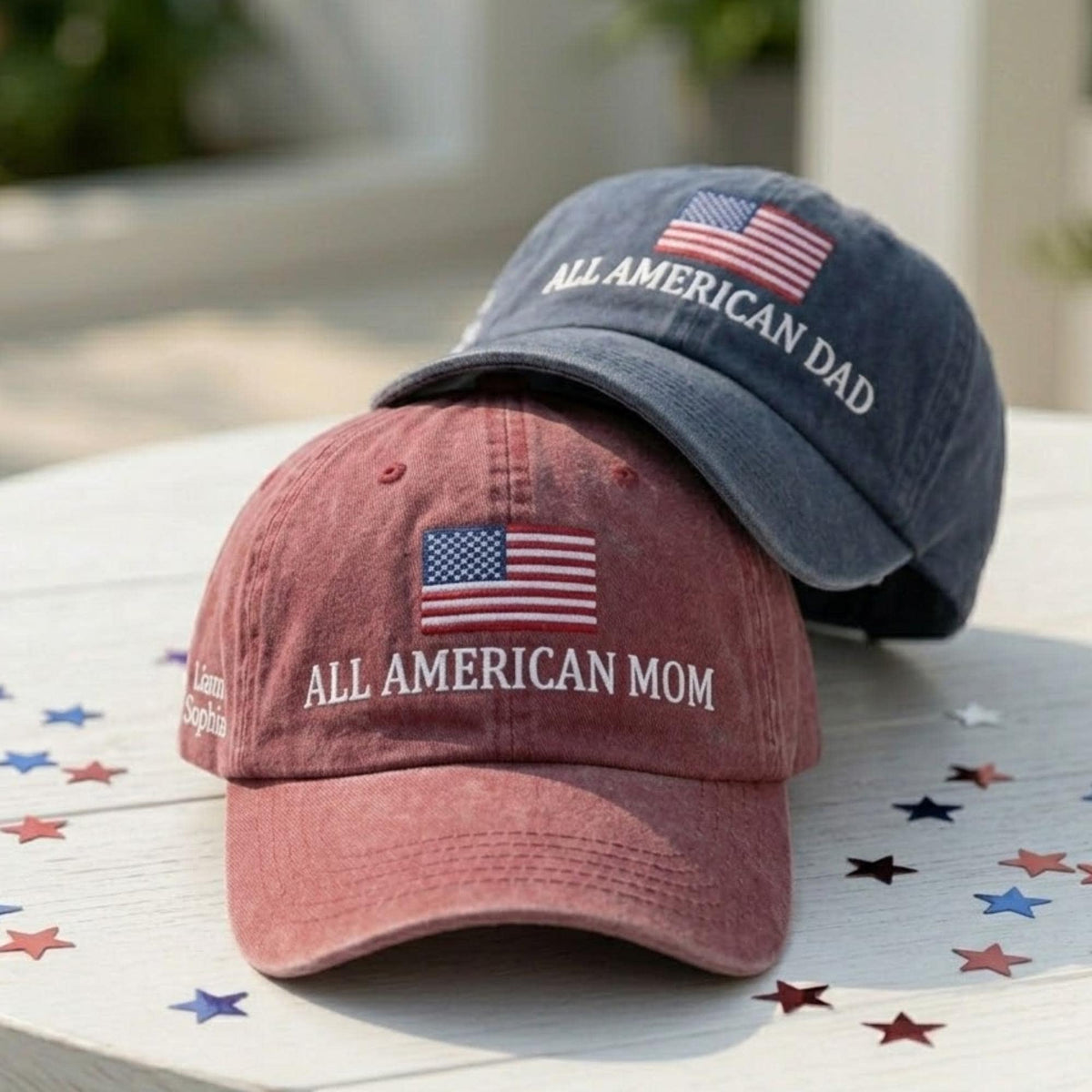 Custom All American Mom & Dad Embroidered Hat - Personalized 4th of July Flag Cotton Dad Cap