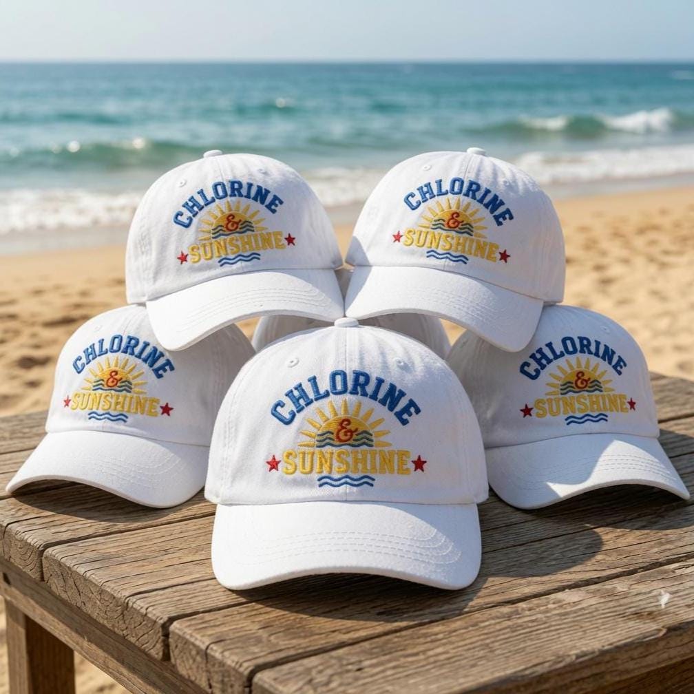 Chlorine Sunshine Baseball Cap, Custom Embroidered Pool Day Hat, Personalized Gift for Swimmer, Retro White Summer Sun Hat, Beach Caps