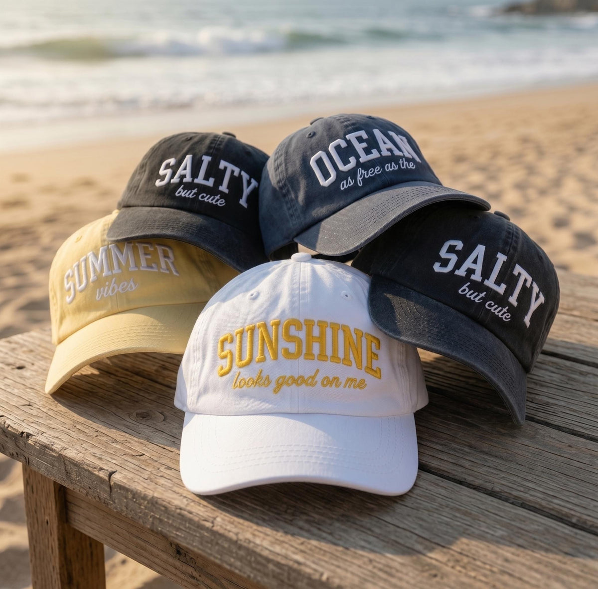 Custom Beach Hat, Personalized Summer Vibes Dad Cap, Embroidered Sunshine Sun Hat, Salty But Cute Washed Cotton Hat, Girls Trip Ocean Gift