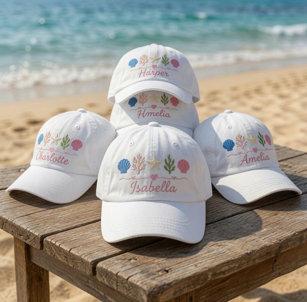 Custom Name Beach Hat, Personalized Seashell Dad Cap, Embroidered Starfish Sun Hat, Matching Girls Trip Gift, Bachelorette Party Favor