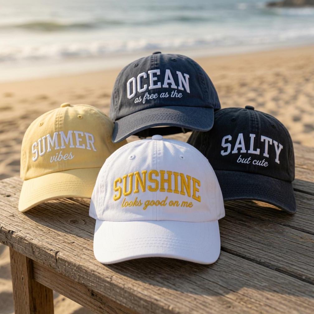 Custom Beach Hat, Personalized Summer Vibes Dad Cap, Embroidered Sunshine Sun Hat, Salty But Cute Washed Cotton Hat, Girls Trip Ocean Gift