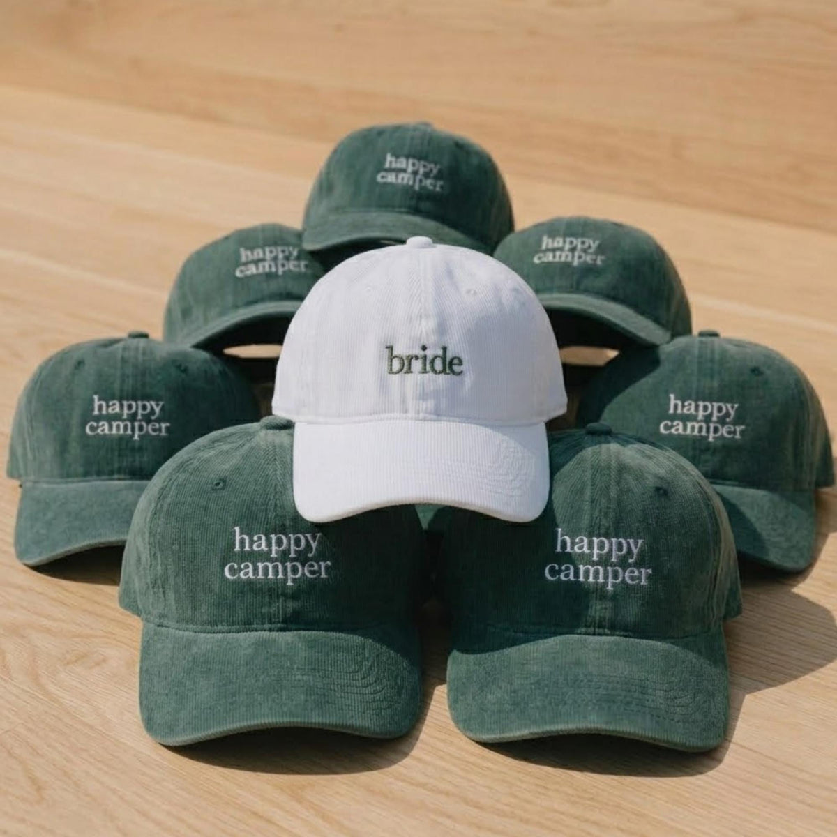Custom Camp Bachelorette Embroidered Baseball Cap - Happy Camper Bridal Party Cotton Dad Hat