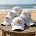 Custom Name Beach Hat, Personalized Sunshine Dad Cap, Embroidered White Cotton Sun Hat, Matching Girls Trip Gift, Summer Vacation Favor